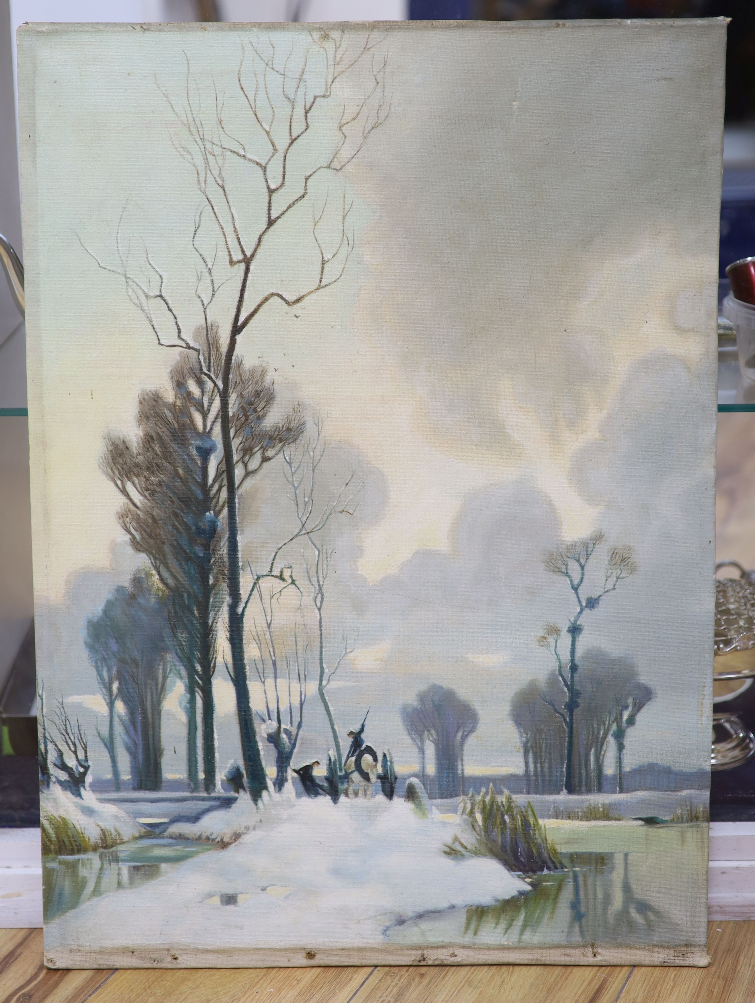 Attributed to Alexandre Jacob (1876-1972), oil on canvas laid on board, Carters in a winter landscape, 61 x 45cm. unframed.